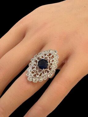 Vintage Silver-Tone Filigree Ring With Blue Center Stone Size 6 Elegant Design